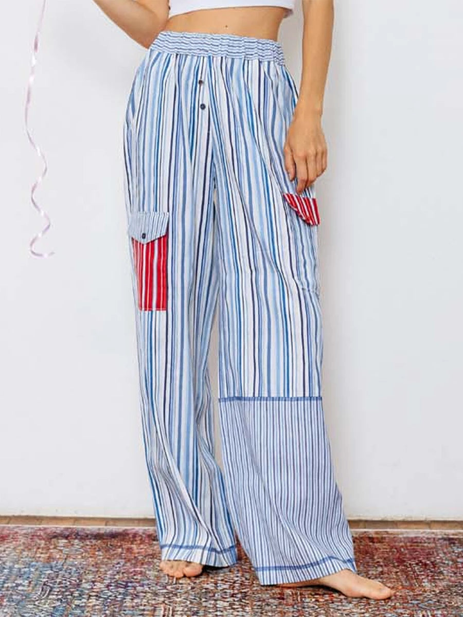 Summer Pants- Women's Patchwork Striped Lounge Pants for Beach Lounging- - Chuzko Women Clothing