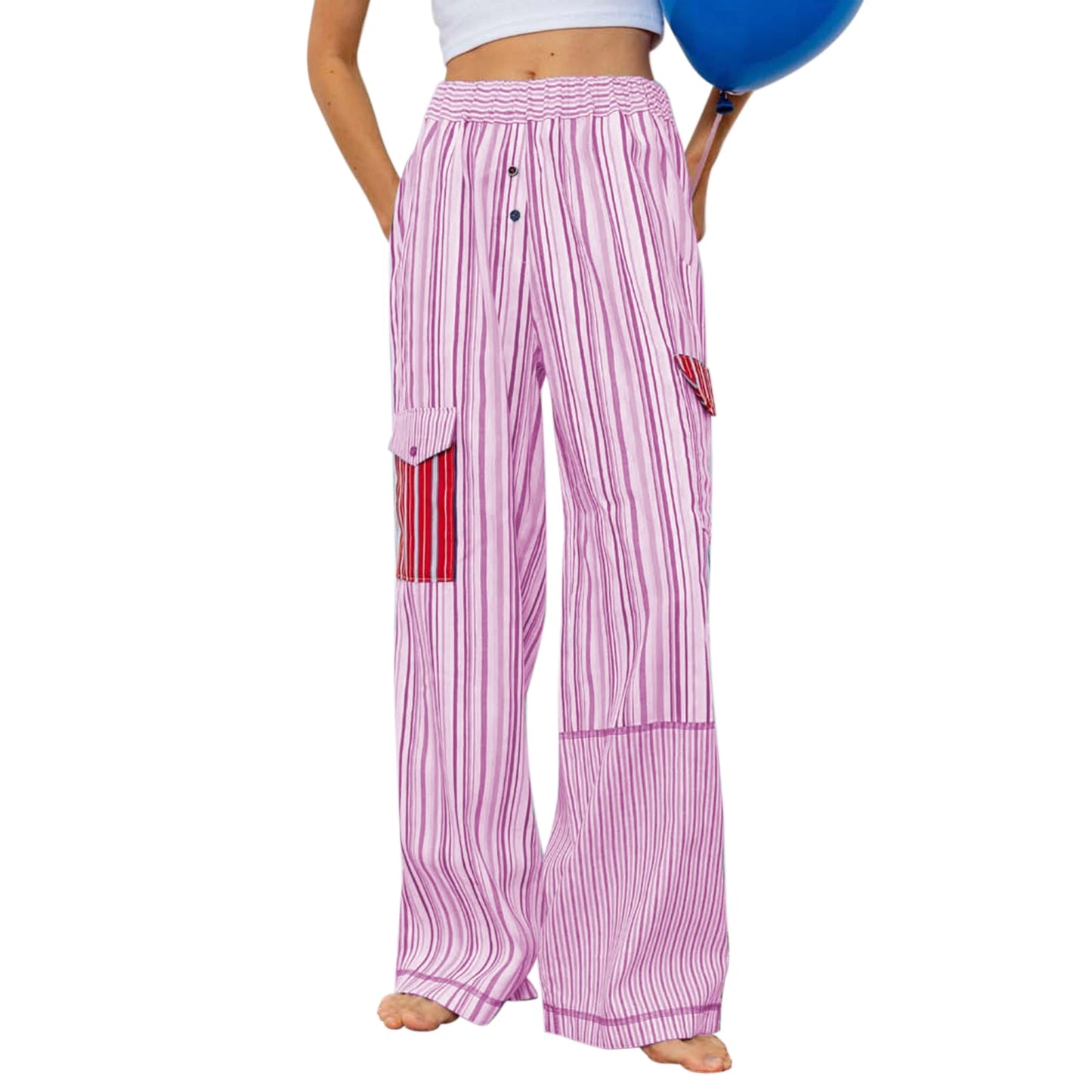 Summer Pants- Women's Patchwork Striped Lounge Pants for Beach Lounging- Pink- Chuzko Women Clothing