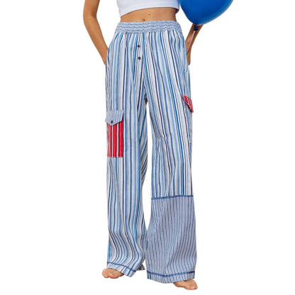 Summer Pants- Women's Patchwork Striped Lounge Pants for Beach Lounging- Blue- Chuzko Women Clothing