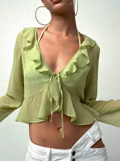 Summer Toppers- Women's Tie-Up See-Through Crop Ruffle Topper- Green- Chuzko Women Clothing
