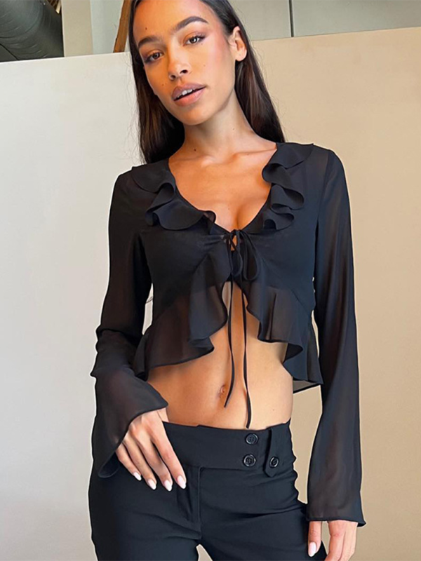 Summer Toppers- Women's Tie-Up See-Through Crop Ruffle Topper- Black- Chuzko Women Clothing