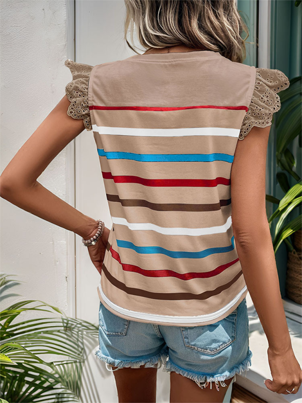 Summer Tops- Striped Blouse Women's Colorful Top with Frill Lace Shoulders- - Chuzko Women Clothing