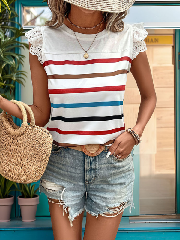 Summer Tops- Striped Blouse Women's Colorful Top with Frill Lace Shoulders- - Chuzko Women Clothing