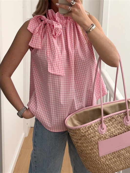 Summer Tops- Women's Gingham Ruffle Collar Blouse with Bow Detail- Pink- Chuzko Women Clothing