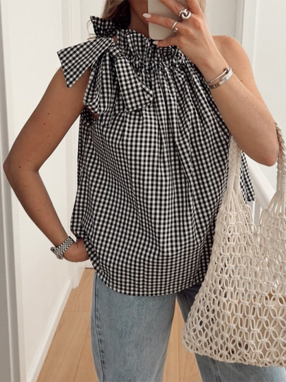 Summer Tops- Women's Gingham Ruffle Collar Blouse with Bow Detail- Black- Chuzko Women Clothing