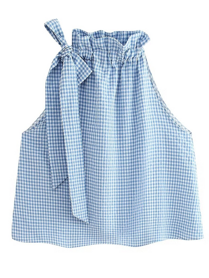 Summer Tops- Women's Gingham Ruffle Collar Blouse with Bow Detail- - Chuzko Women Clothing