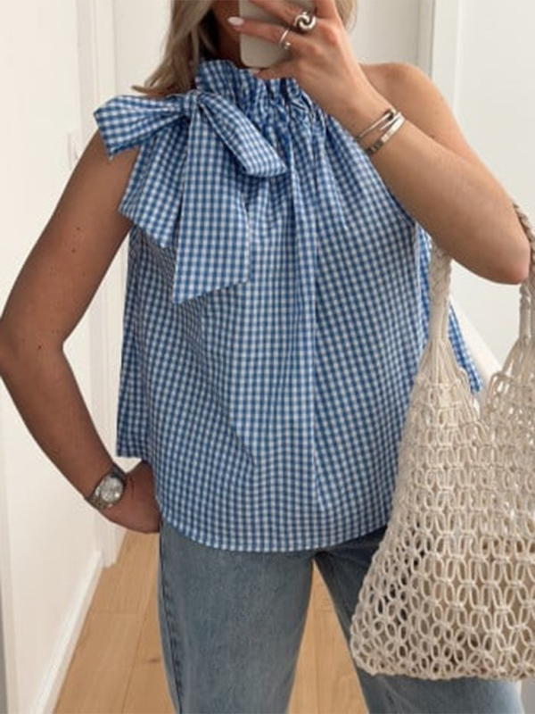 Summer Tops- Women's Gingham Ruffle Collar Blouse with Bow Detail- Blue- Chuzko Women Clothing