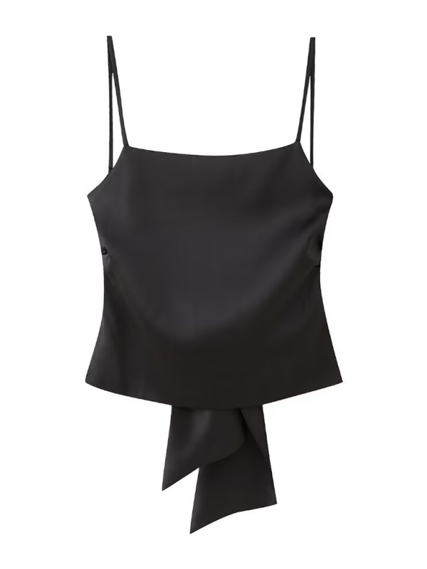 Summer Tops- Women's Satin Camisole with Bowknot Back- Black- Chuzko Women Clothing