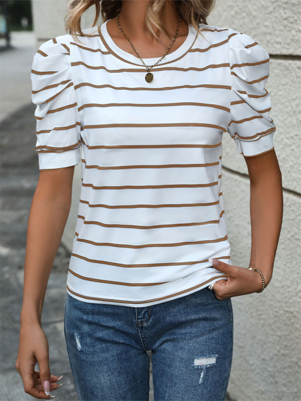 Summer Tops- Women's Striped Puff Sleeve Top for Gatherings- - Chuzko Women Clothing