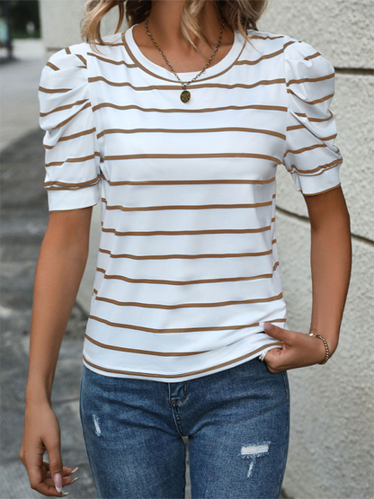 Summer Tops- Women's Striped Puff Sleeve Top for Gatherings- - Chuzko Women Clothing