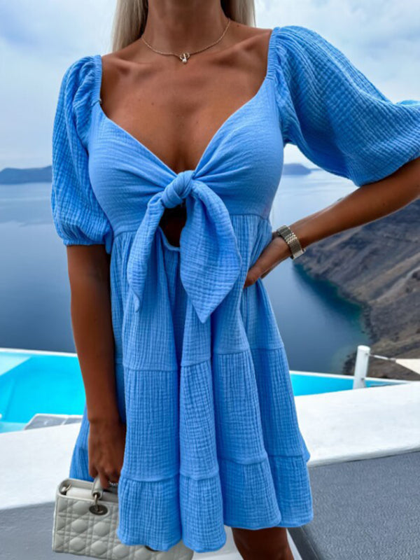 Sundress- Summer Women's Textured A-Line Knot Dress- Blue- Chuzko Women Clothing