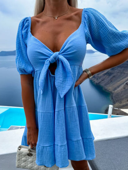 Sundress- Summer Women's Textured A-Line Knot Dress- Blue- Chuzko Women Clothing