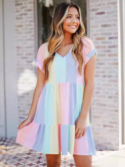 Sundresses- Color Block Tunic Sundress for Summer Lounging- - Chuzko Women Clothing