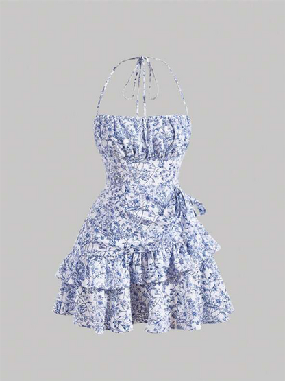 Sundresses- Summer A-Line Layered Ruffle Halter Cami Dress for Her- - Chuzko Women Clothing