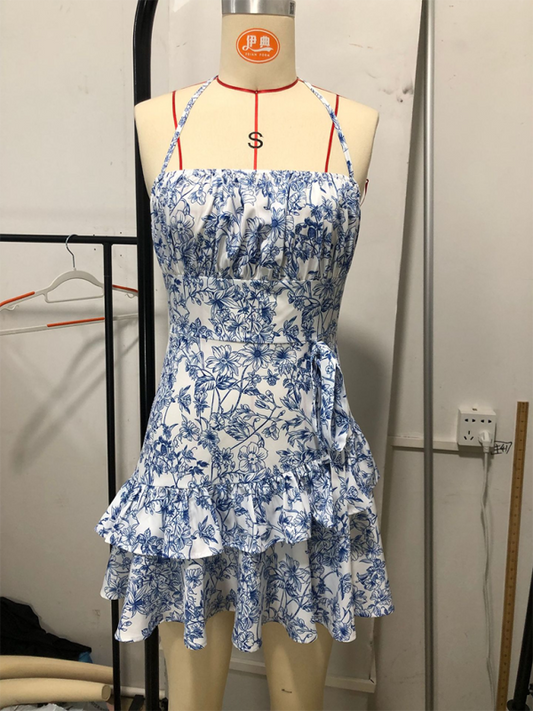 Sundresses- Summer A-Line Layered Ruffle Halter Cami Dress for Her- Blue- Chuzko Women Clothing
