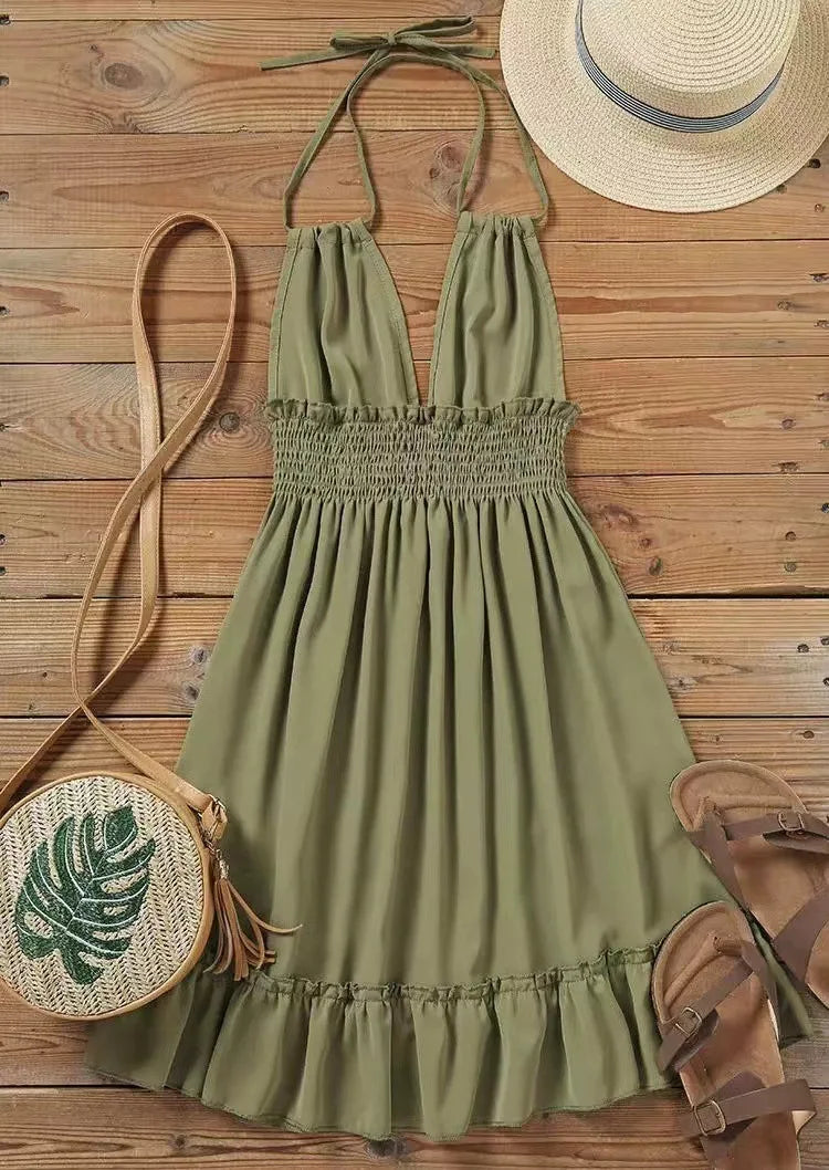 Sundresses- Summer Romance Halter Sundress with Smocked Waistband- - Chuzko Women Clothing