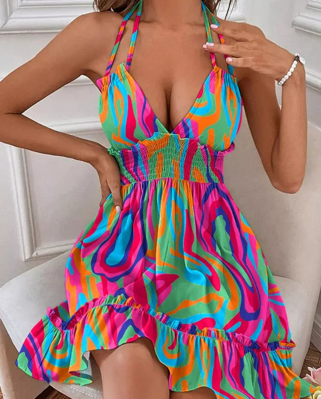 Sundresses- Summer Romance Halter Sundress with Smocked Waistband- Pink Green Print- Chuzko Women Clothing