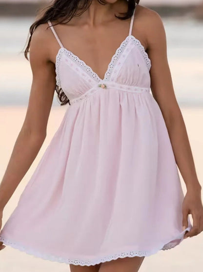 Sommerliches Damen-Sommerkleid aus Baumwolle in A-Linie mit Empire-Taille und Spitzenbesatz