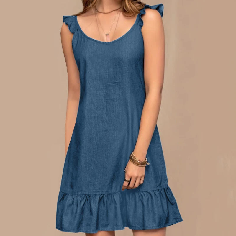 Sundresses- Women Cute Little Dress in Soft Cotton Blend- Blue- Chuzko Women Clothing
