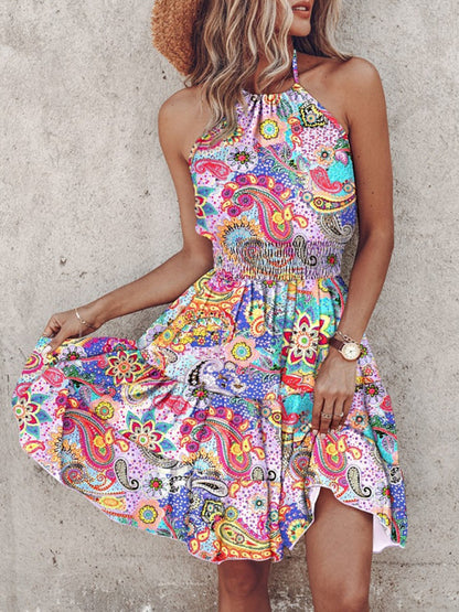 Sundresses- Women's Vibrant Colorful Blouson Halter Sundress- Lavender- Chuzko Women Clothing