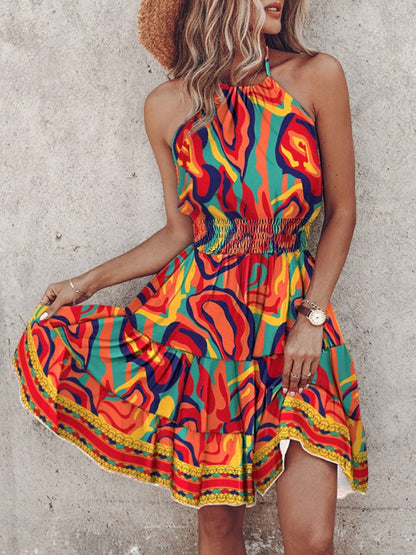 Sundresses- Women's Vibrant Colorful Blouson Halter Sundress- Orange- Chuzko Women Clothing