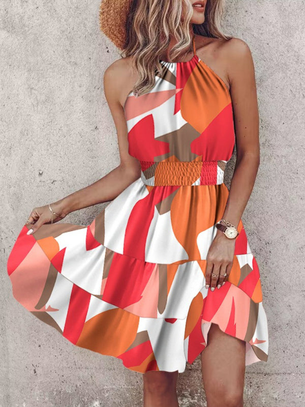 Sundresses- Women's Vibrant Colorful Blouson Halter Sundress- Orange Red- Chuzko Women Clothing
