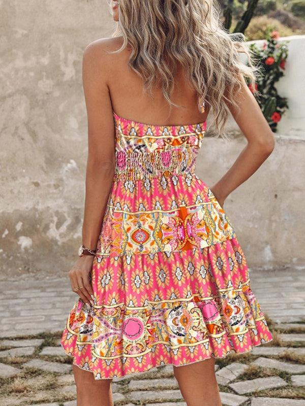 Sundresses- Women's Vibrant Colorful Blouson Halter Sundress- - Chuzko Women Clothing