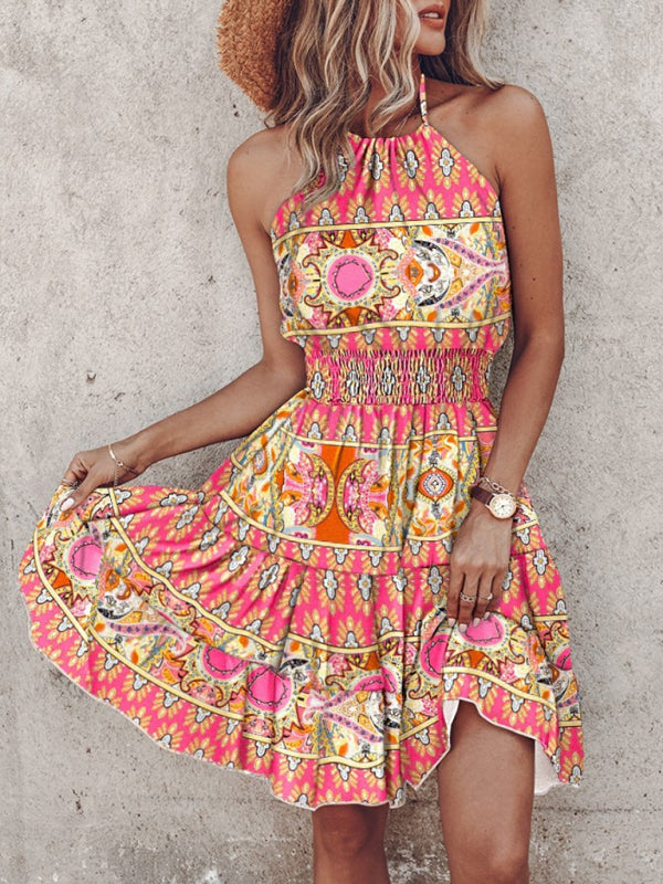 Sundresses- Women's Vibrant Colorful Blouson Halter Sundress- Pink- Chuzko Women Clothing