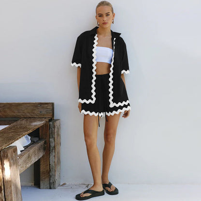 Sunny 2-Piece Contrast Wave Outfit | Classic Collar Shirt and Summer Shorts