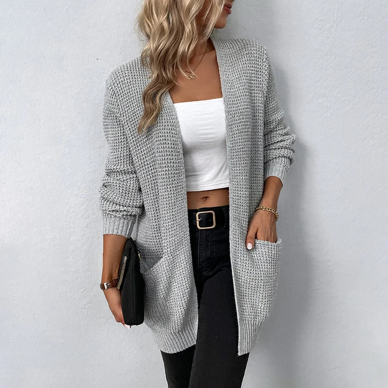 Sweater Cardigans- Layer Up Luxe Knit Cardigan for Casual and Office Wear- Gray- Chuzko Women Clothing