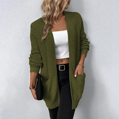 Sweater Cardigans- Layer Up Luxe Knit Cardigan for Casual and Office Wear- Army Green- Chuzko Women Clothing