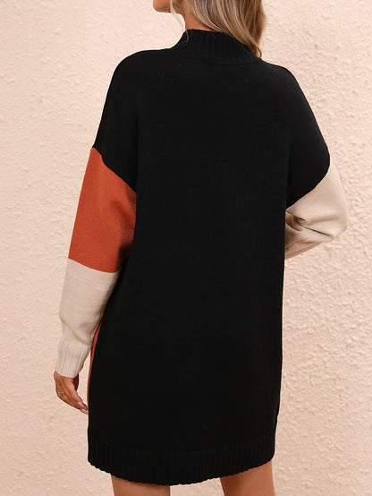 Color Block Knit Dress - Oversized Fall-Winter Long Sweater Sweater Dresses - Chuzko Women Clothing