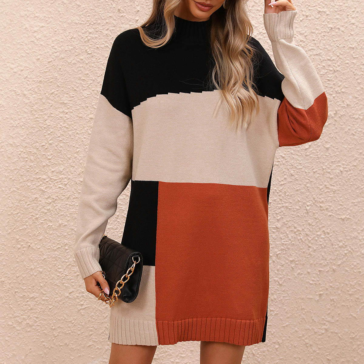 Color Block Knit Dress - Oversized Fall-Winter Long Sweater Sweater Dresses - Chuzko Women Clothing
