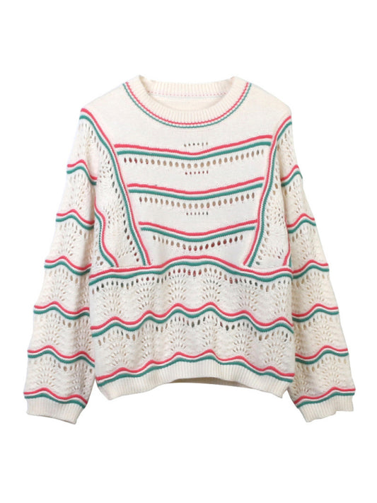 Sweaters- Casual Hollow Stripe Knitting Sweater for Women- Cream- Chuzko Women Clothing