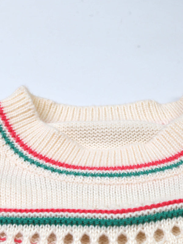 Sweaters- Casual Hollow Stripe Knitting Sweater for Women- - Chuzko Women Clothing
