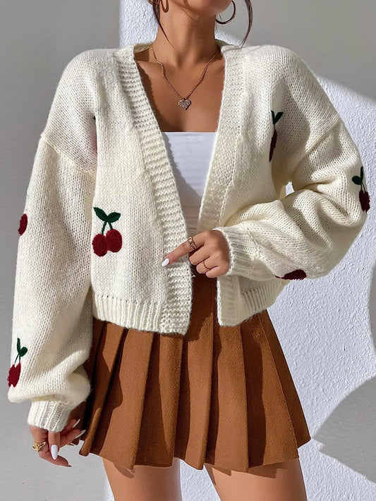 Sweaters- Cherry-Pick Embroidered Cardigan Sweater for Women- Creamy white- Chuzko Women Clothing