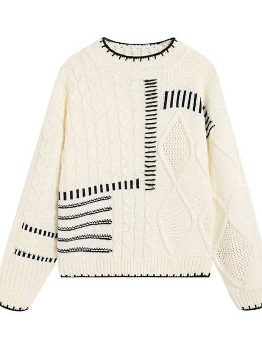 Sweaters- Comfy Knit Women's Hollow Braid Sweater for Cool Days- Cream- Chuzko Women Clothing