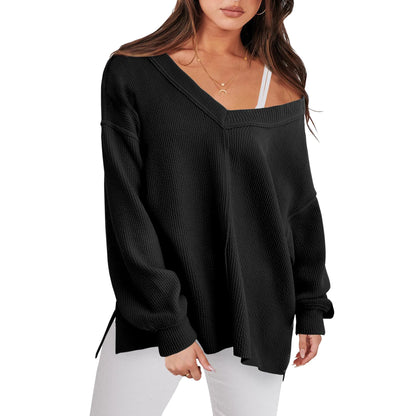 Sweaters- Cozy Oversized V-Neck Sweater for Easy Layering- Black- Chuzko Women Clothing