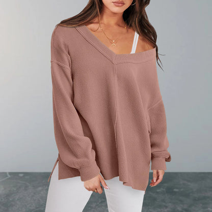 Sweaters- Cozy Oversized V-Neck Sweater for Easy Layering- - Chuzko Women Clothing