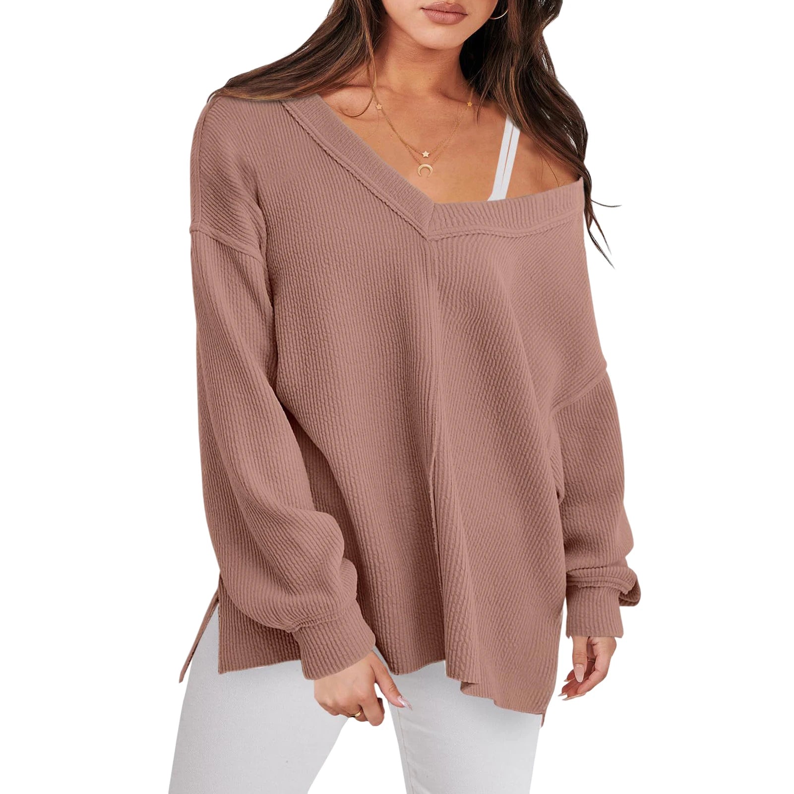 Sweaters- Cozy Oversized V-Neck Sweater for Easy Layering- Pink- Chuzko Women Clothing