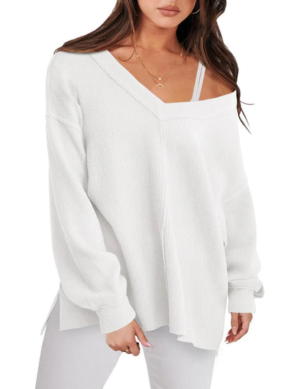 Sweaters- Cozy Oversized V-Neck Sweater for Easy Layering- white- Chuzko Women Clothing