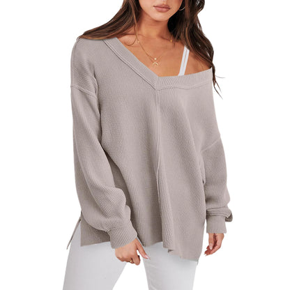 Sweaters- Cozy Oversized V-Neck Sweater for Easy Layering- Grey- Chuzko Women Clothing