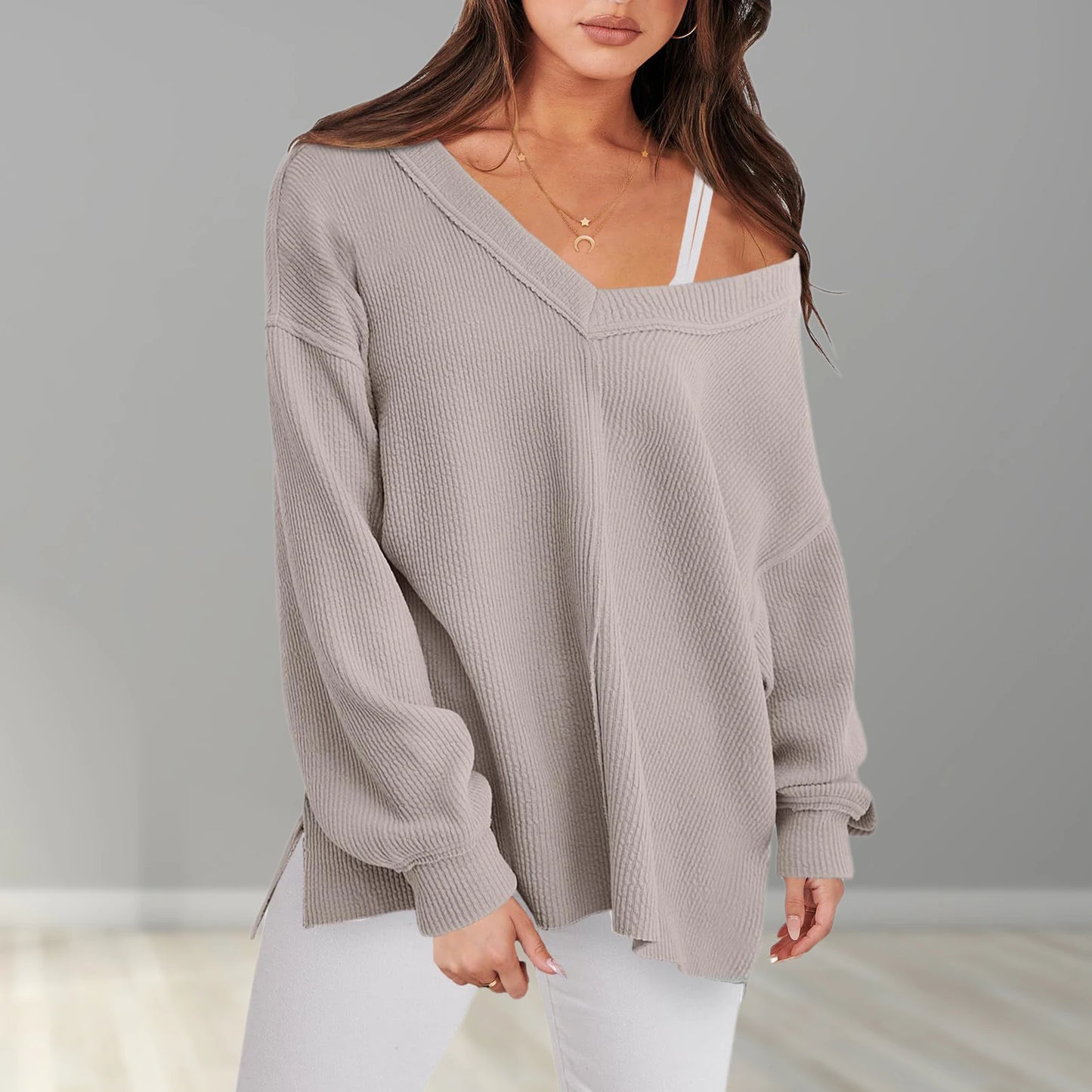 Sweaters- Cozy Oversized V-Neck Sweater for Easy Layering- - Chuzko Women Clothing