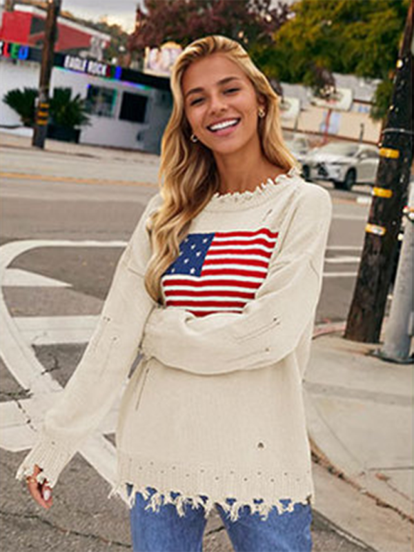Sweaters- Distressed American Flag Knit Sweater for Women- - Chuzko Women Clothing