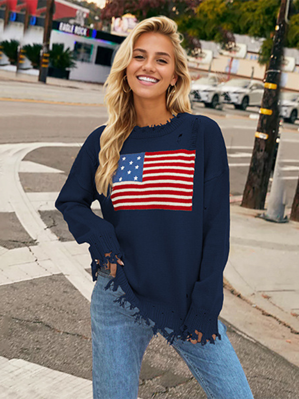 Sweaters- Distressed American Flag Knit Sweater for Women- Black- Chuzko Women Clothing