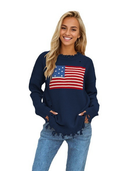 Sweaters- Distressed American Flag Knit Sweater for Women- - Chuzko Women Clothing