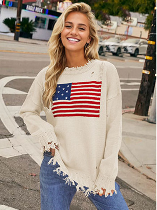Sweaters- Distressed American Flag Knit Sweater for Women- White- Chuzko Women Clothing