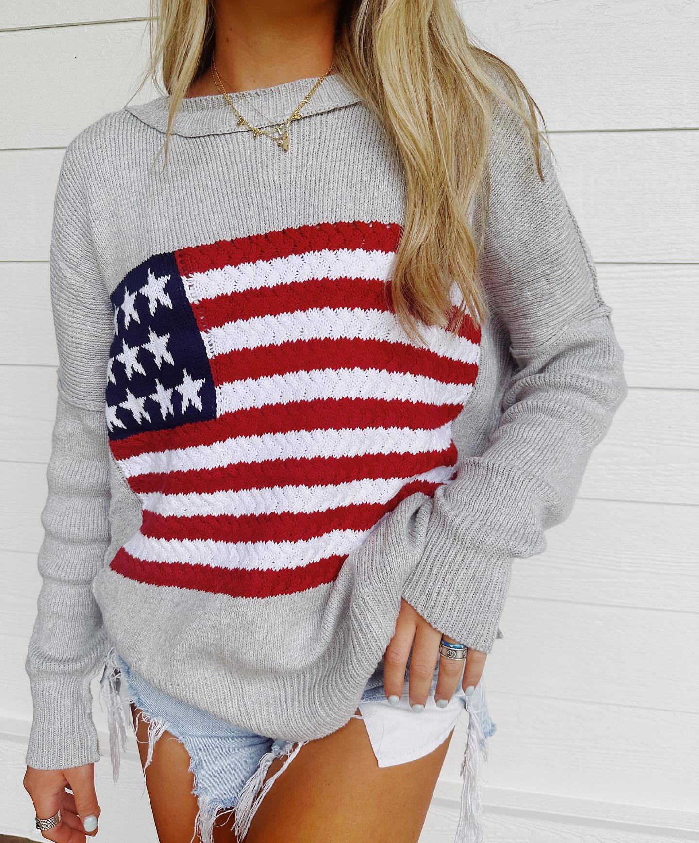 Sweaters- Liberty Layers July 4th Oversized Patriot Sweater for Women- Gray- Chuzko Women Clothing