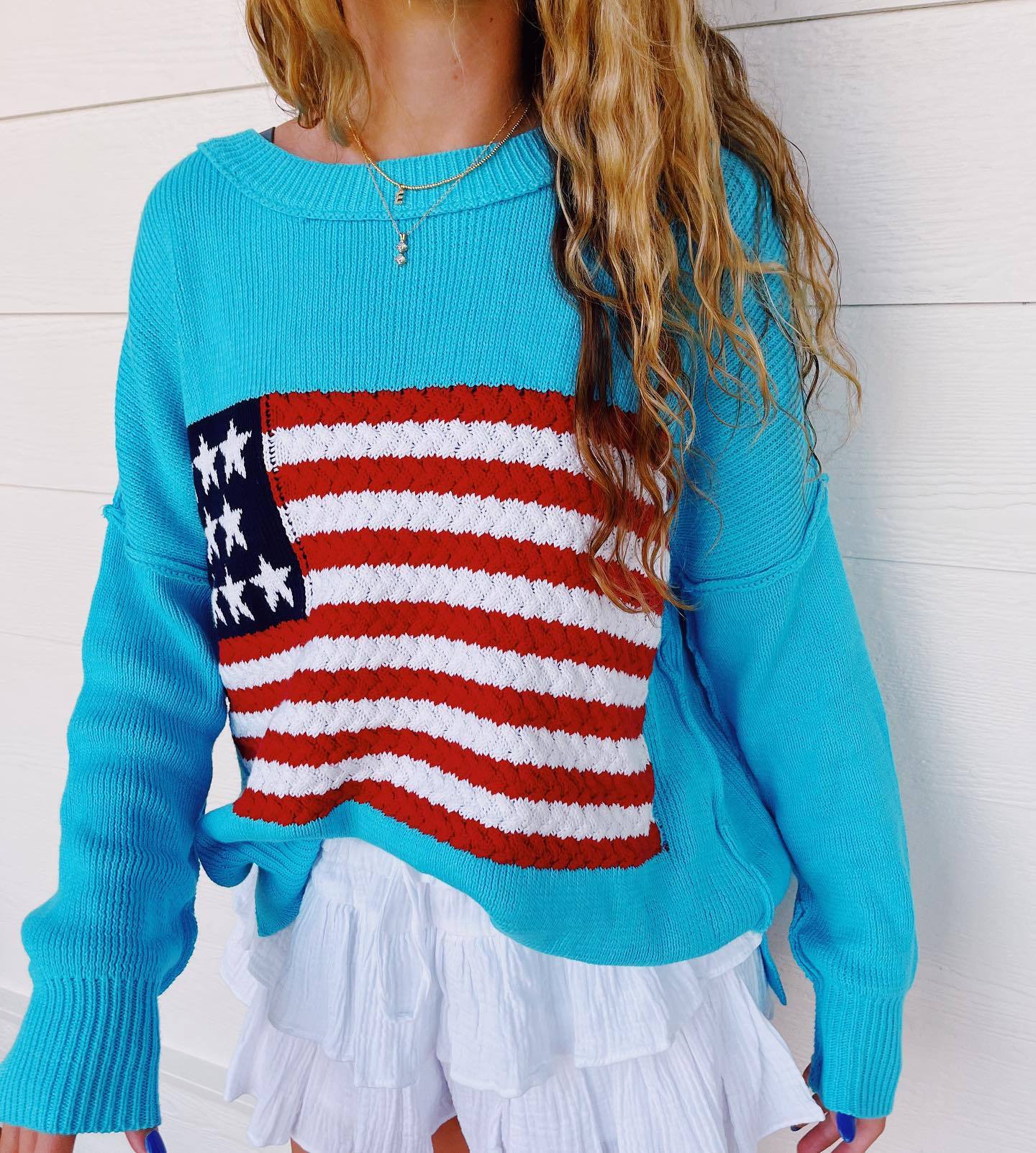 Sweaters- Liberty Layers July 4th Oversized Patriot Sweater for Women- Blue- Chuzko Women Clothing