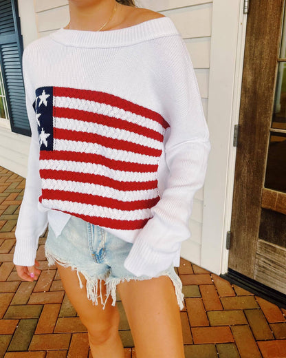 Sweaters- Liberty Layers July 4th Oversized Patriot Sweater for Women- White- Chuzko Women Clothing